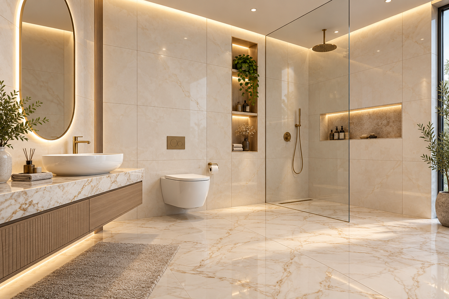 Bathroom visualisation with tiles, sanitaryware and lighting