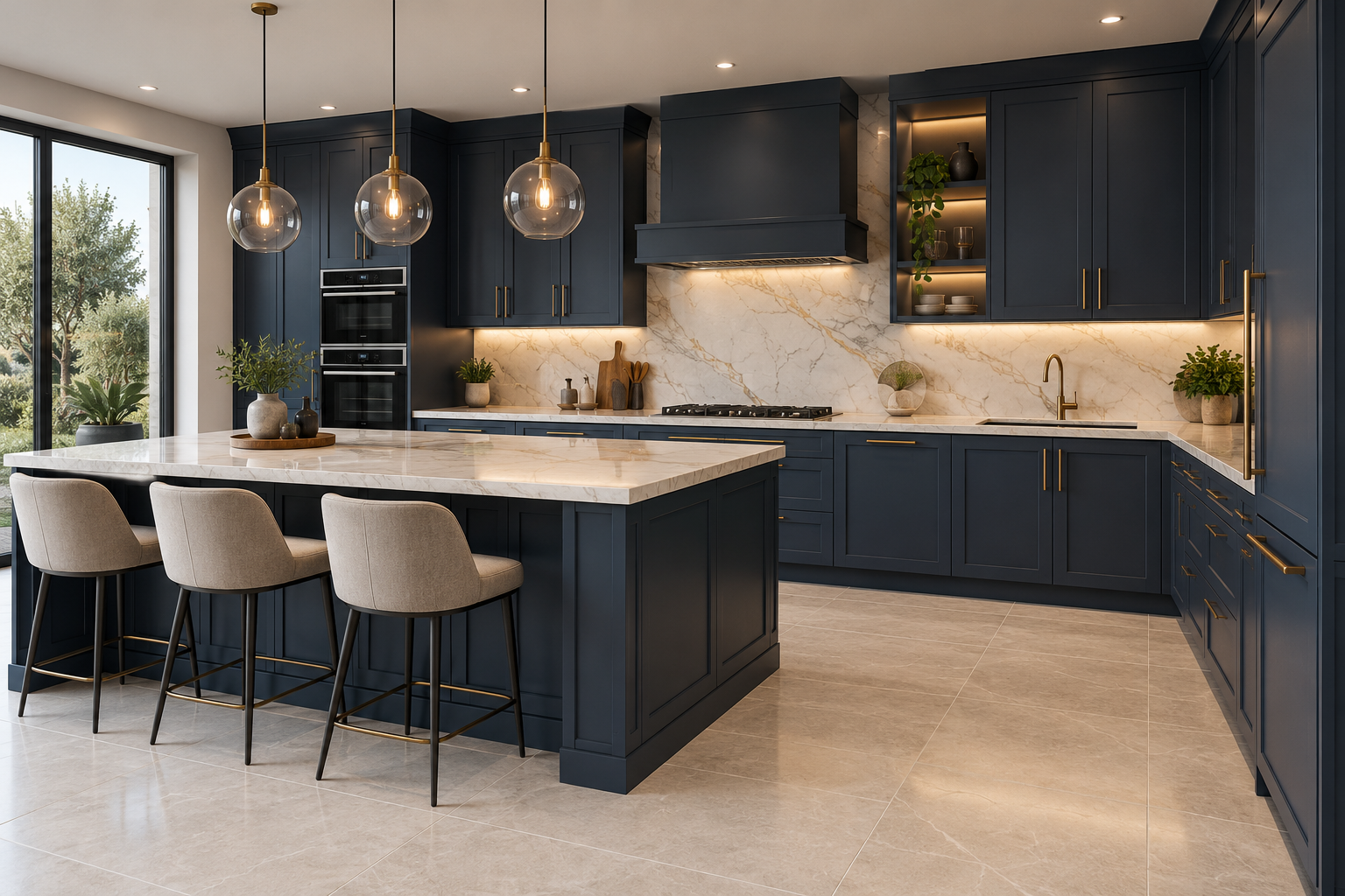Kitchen visualisation with flooring, marble and lighting