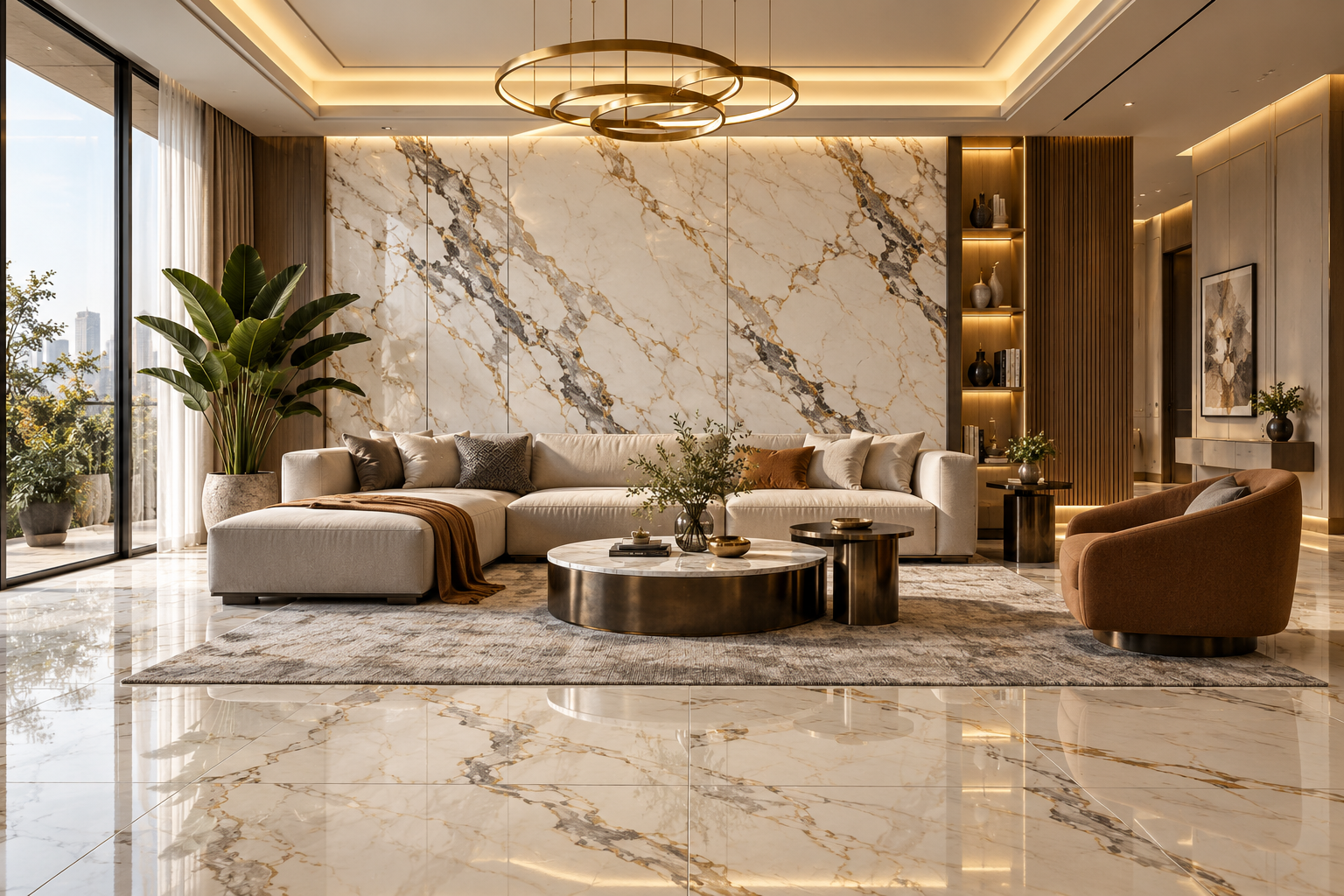 Living room visualisation with marble, tiles and lighting